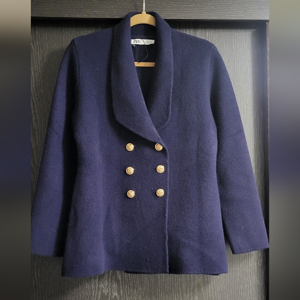 Zara Navy Blue Double Breasted Jacket Cardigan